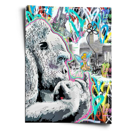 Grayscale gorilla with neon outline gazes at a colorful fairy against a graffiti-filled urban backdrop.
