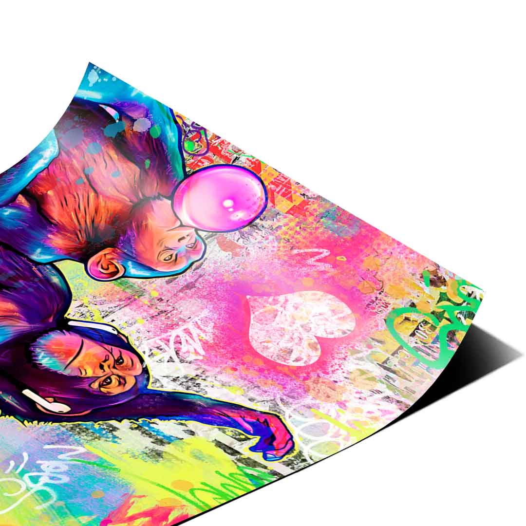 Monkey wearing a VR headset amid graffiti and street tags