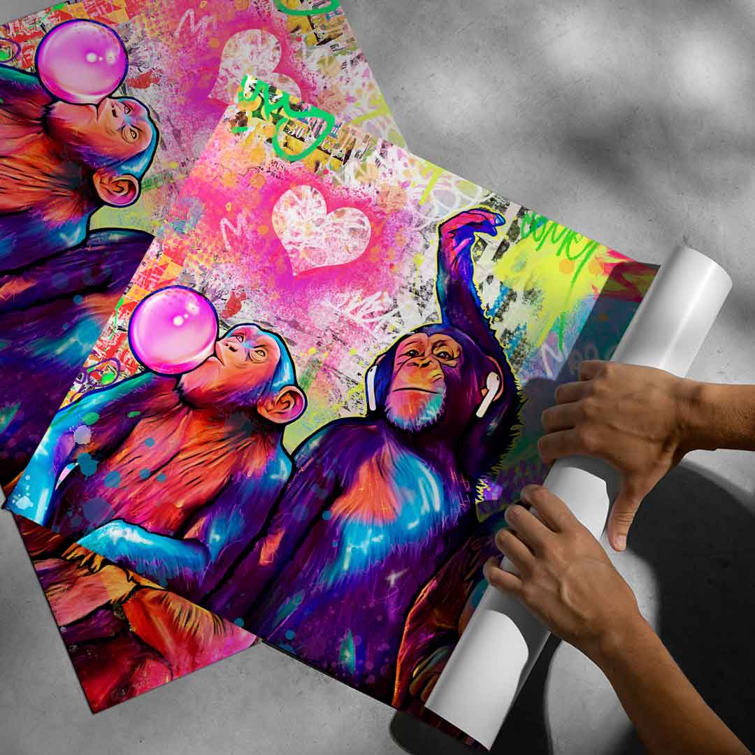 Kaleidoscopic mix of blues, purples, pinks, oranges, and yellows in a modern wall art print