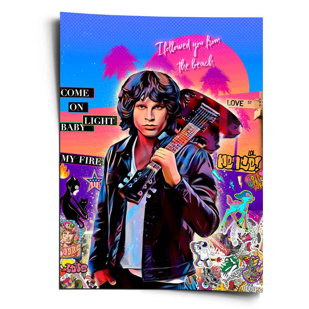Vibrant pop art poster of Jim Morrison holding a guitar with a neon sunset and palm trees.