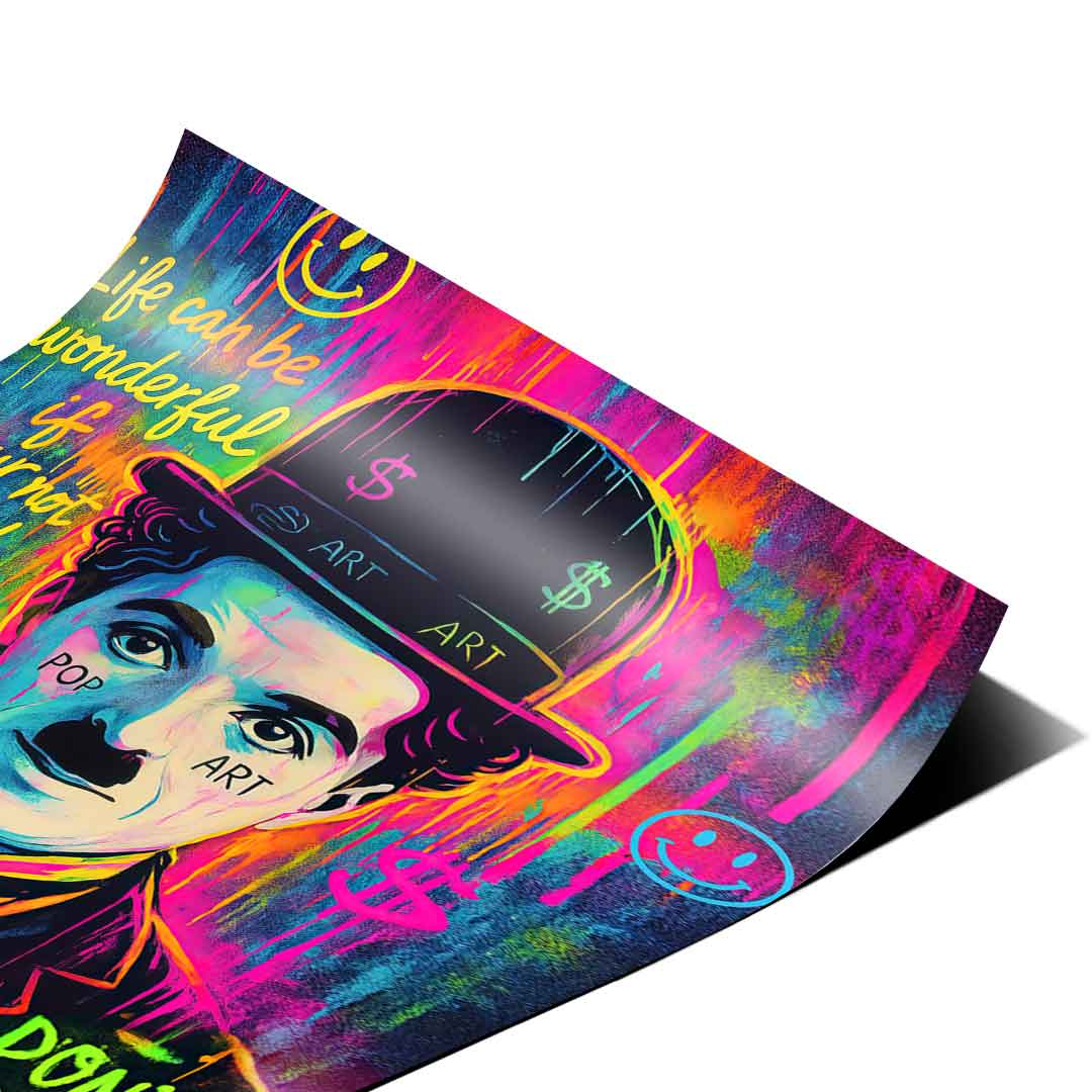 Bold neon palette of fuchsia, electric blue, and lime green creates a striking urban art poster.