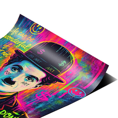 Bold neon palette of fuchsia, electric blue, and lime green creates a striking urban art poster.