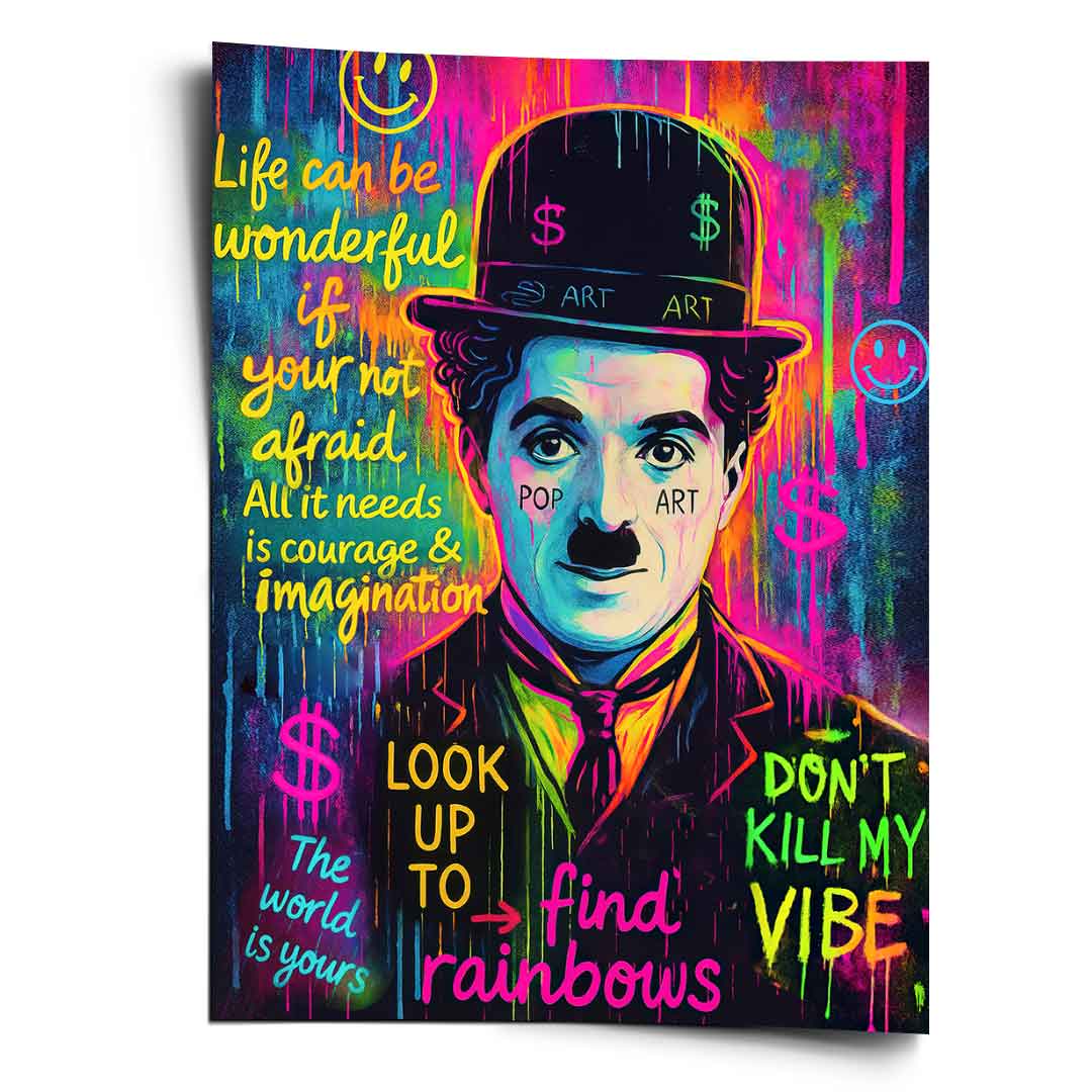 Neon Charlie Chaplin Pop Art poster featuring the Tramp with graffiti-style color drips on a dark backdrop.