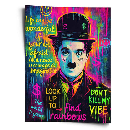 Neon Charlie Chaplin Pop Art poster featuring the Tramp with graffiti-style color drips on a dark backdrop.