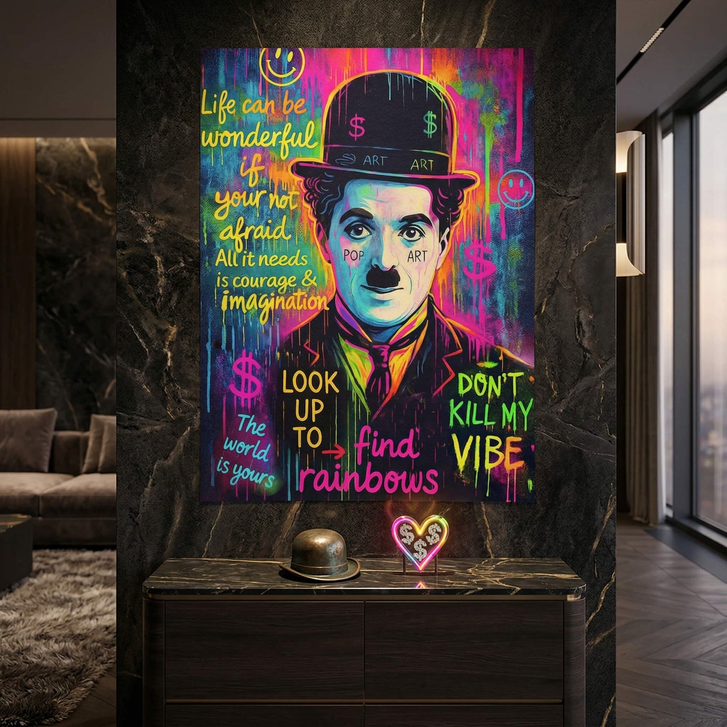 Central Chaplin Tramp outlined in comic style within a vibrant graffiti-inspired wall art print.