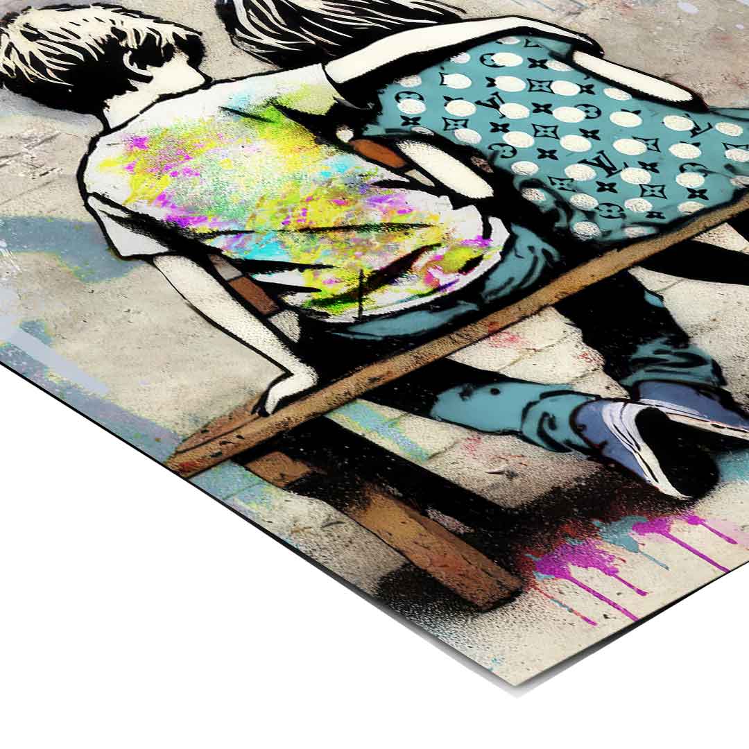 Stencil-style characters against a gritty urban wall with pop art colors