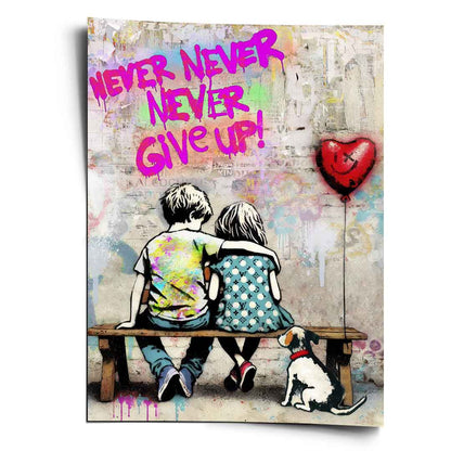 Banksy-inspired street art featuring two children and a dog on a bench