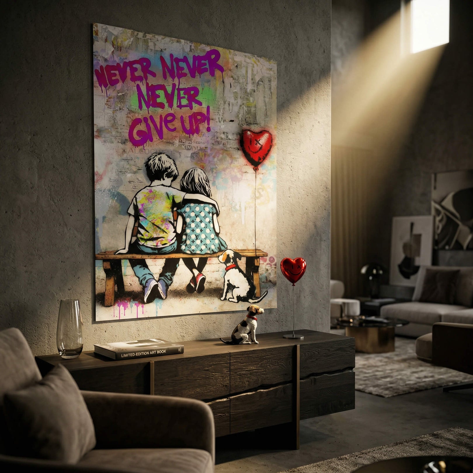 Vibrant pink graffiti text reading NEVER NEVER NEVER GIVE UP above the scene