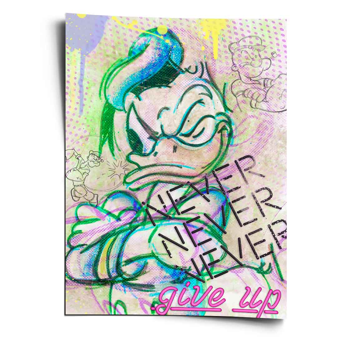 Powerful Donald Duck graffiti-style wall art with neon colors and yellow paint drips on a halftone background.