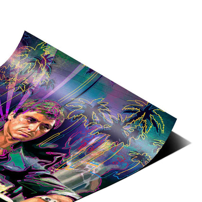 Comic-book influenced wall art featuring Pacino with radiant light accents.