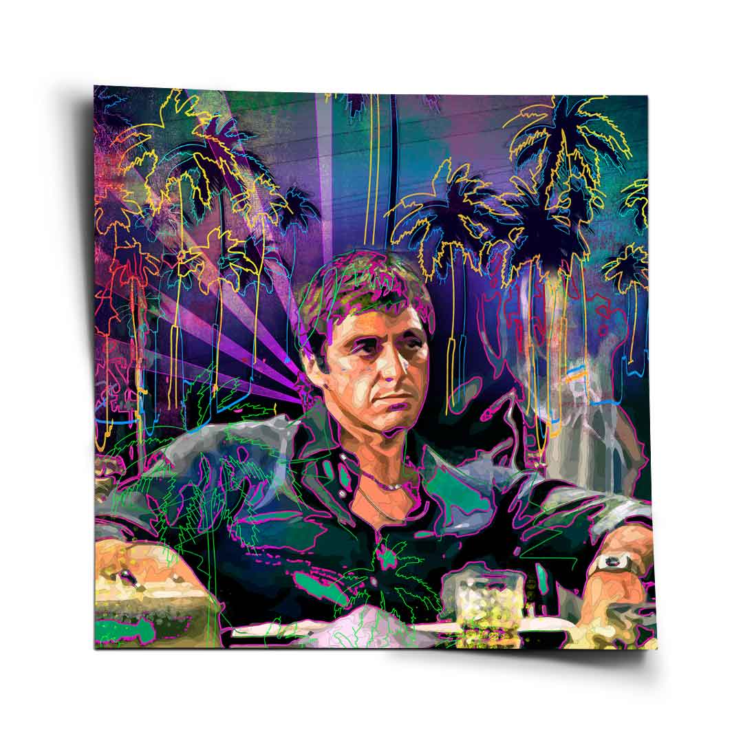 Portrait of Pacino as Tony Montana in bold Pop Art style with neon palm outlines.