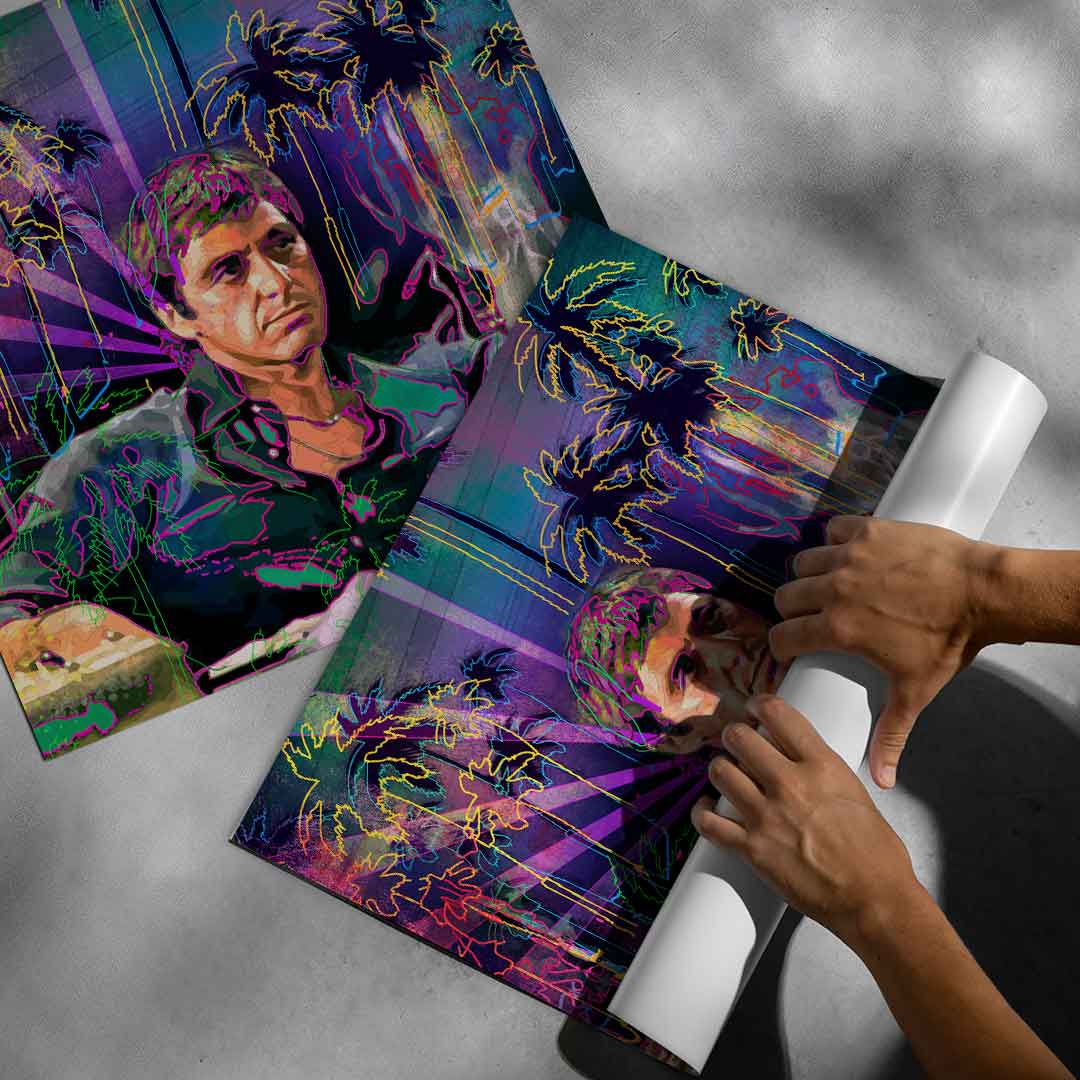 80s Miami neon-themed Pacino Pop Art portrait.