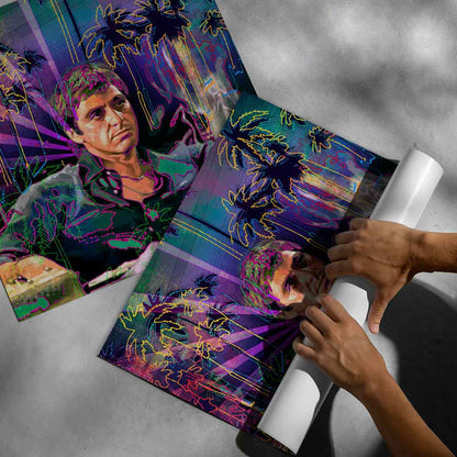 80s Miami neon-themed Pacino Pop Art portrait.