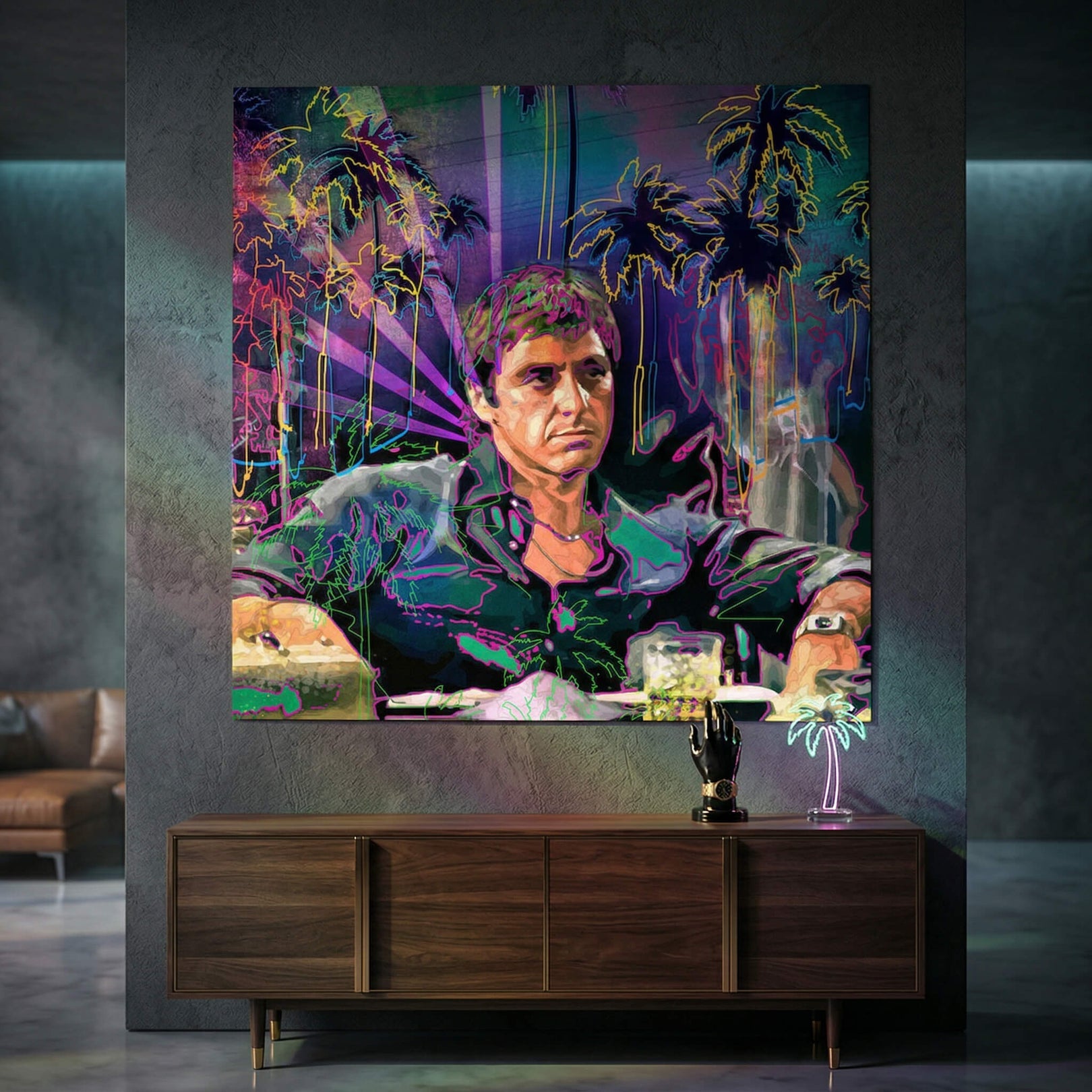 Graffiti-inspired Pacino portrait with vibrant blues and purples.