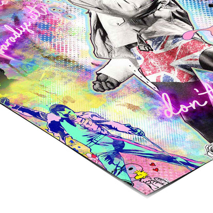 Marilyn Monroe rendered in grayscale with neon accents as part of the bold collage