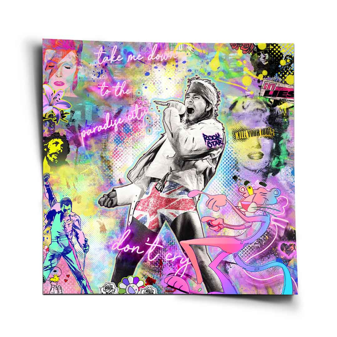 Freddie Mercury portrait integrated into the vibrant retro pop-art composition