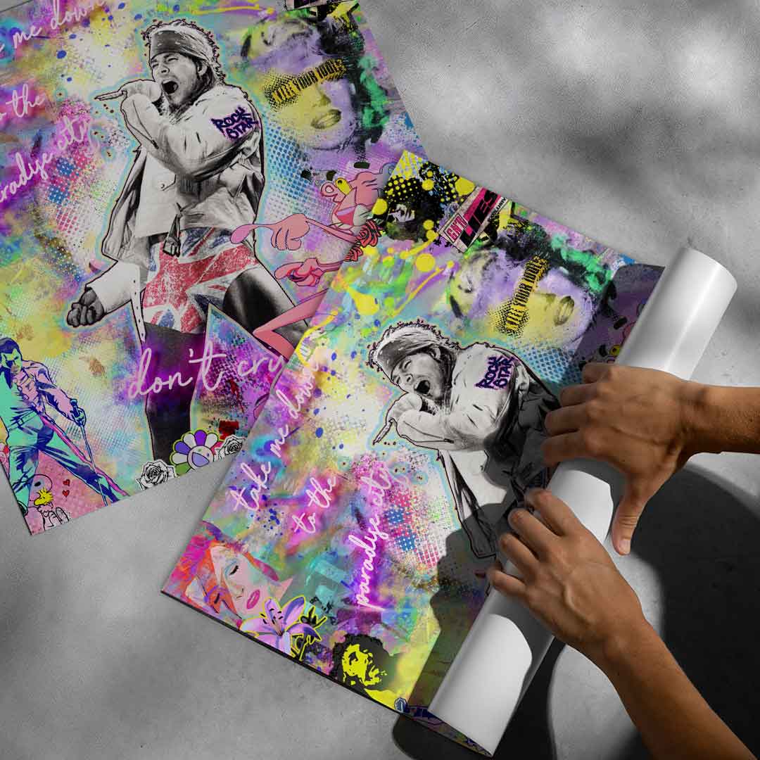 Pink Panther icon surrounded by bold, saturated pop-art graphics on a dynamic wall poster