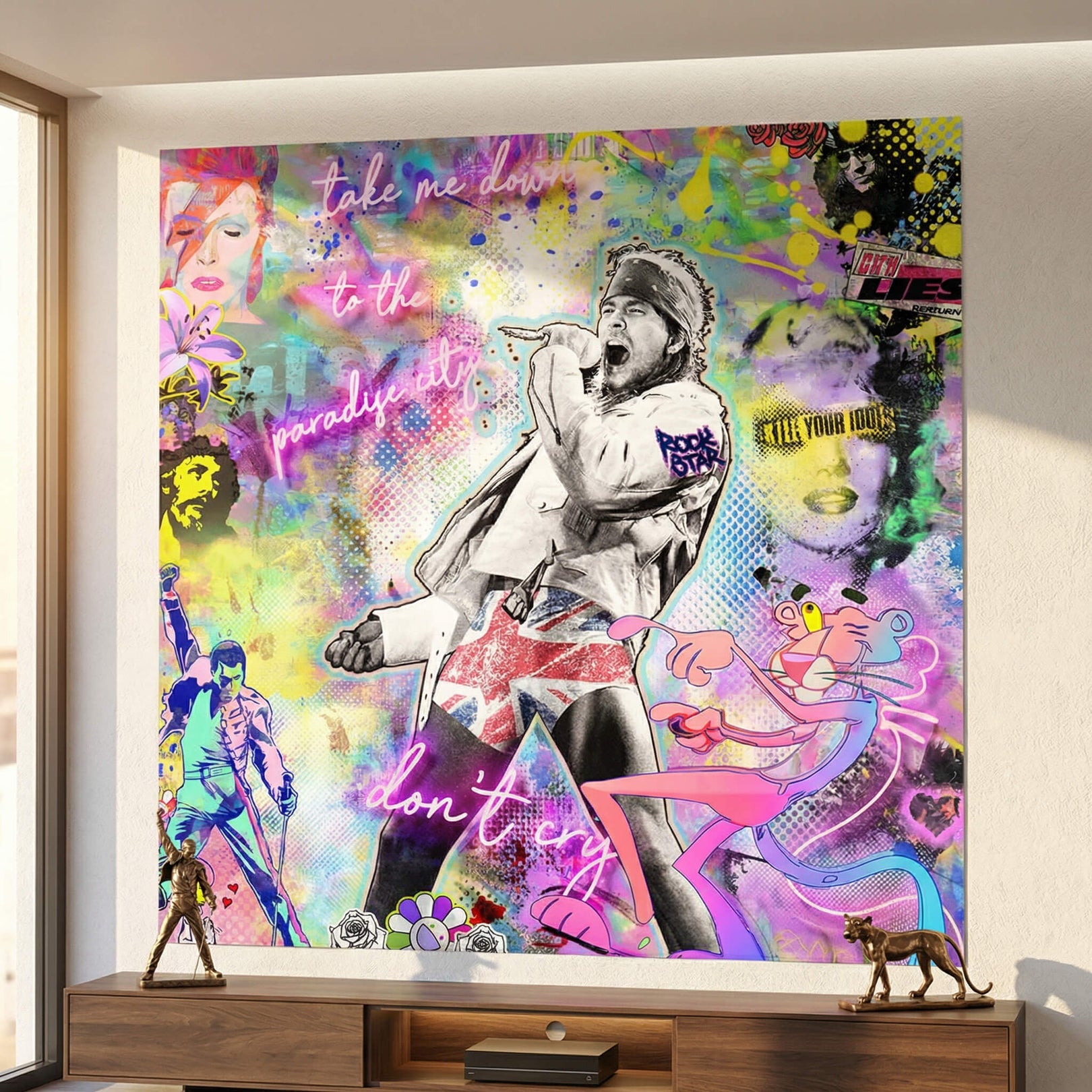 David Bowie silhouette amid saturated neon pinks and electric blues on the collage