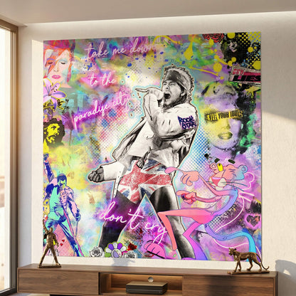 David Bowie silhouette amid saturated neon pinks and electric blues on the collage