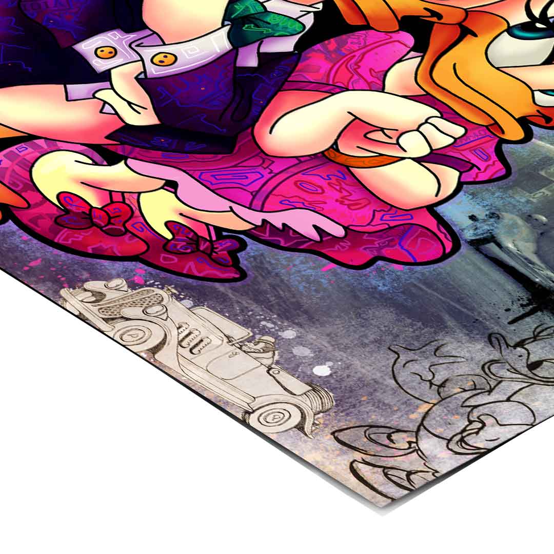 Goofy and Mickey sketches appear in the background, adding playful Disney characters to the urban art scene.