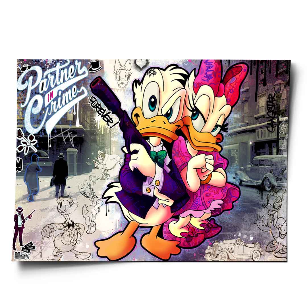 Vibrant pop-art poster showing Donald Duck in a purple suit and Daisy Duck in a pink dress as stylish gangsters against a grayscale 1930s city street with graffiti.