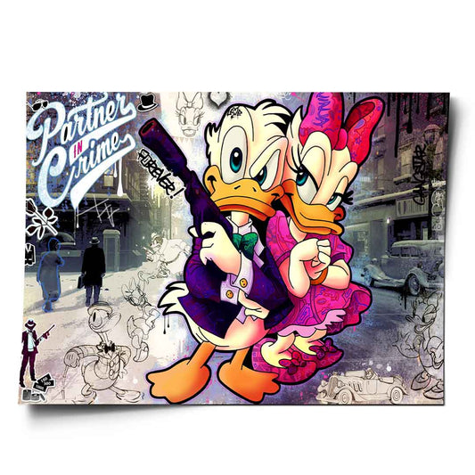 Vibrant pop-art poster showing Donald Duck in a purple suit and Daisy Duck in a pink dress as stylish gangsters against a grayscale 1930s city street with graffiti.