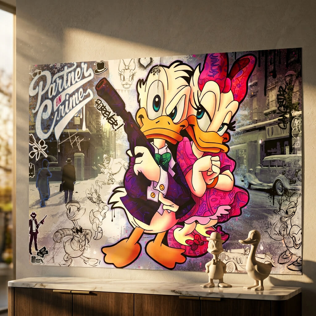 Close-up of Donald Duck wielding a tommy gun with bold yellow beaks and bright colors against a retro urban backdrop.
