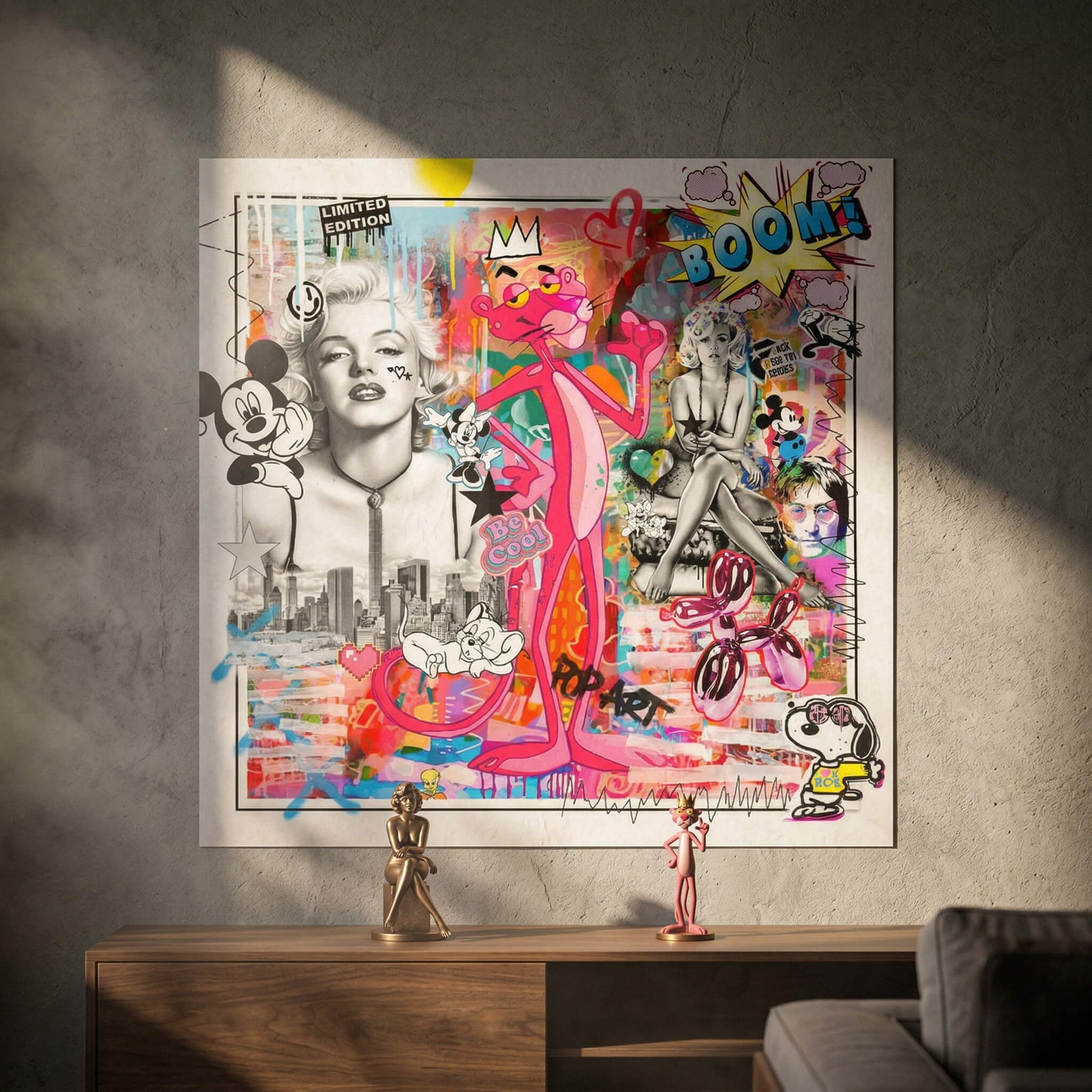 Marilyn Monroe flanked Pink Panther in a black-and-white Pop Art scene