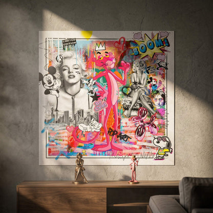 Marilyn Monroe flanked Pink Panther in a black-and-white Pop Art scene