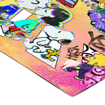 Neon graffiti background with peace signs and vintage cars behind Peanuts.
