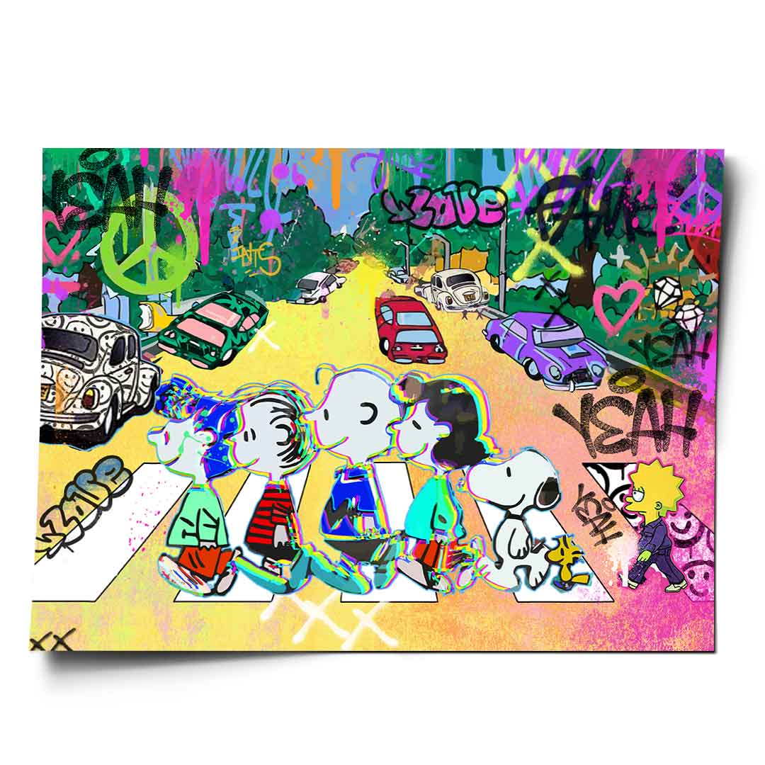 Charlie Brown and Snoopy cross Abbey Road in neon Pop Art style.