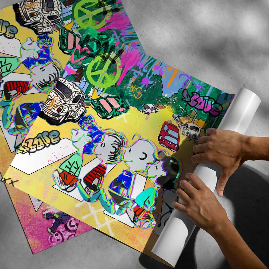 Horizontal Pop Art wall art with bright yellows, greens, pinks, and blues.