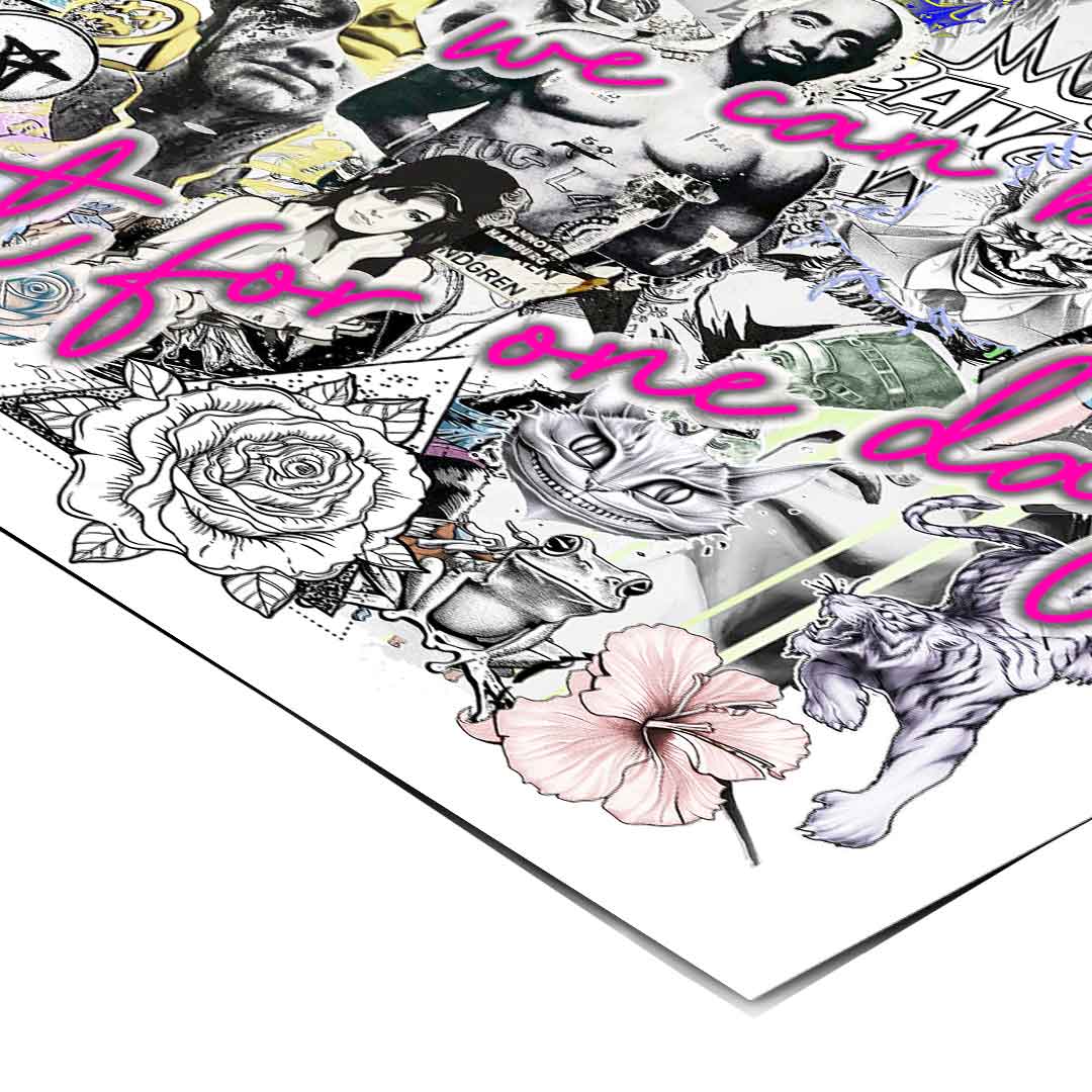 Eclectic mix of animals, text, and symbols creating a rebellious yet nostalgic urban wall art piece.
