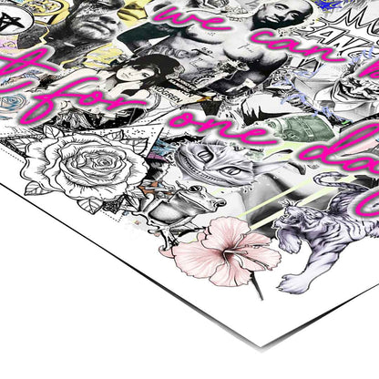 Eclectic mix of animals, text, and symbols creating a rebellious yet nostalgic urban wall art piece.