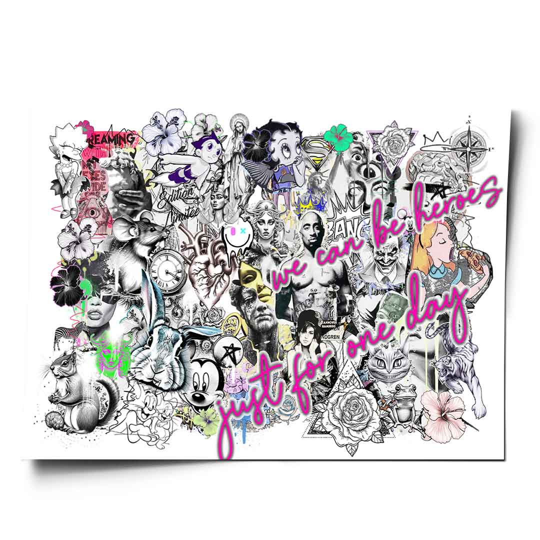 Dynamic grayscale Pop Art collage with neon pink, green, and yellow highlights featuring iconic characters and bold text.