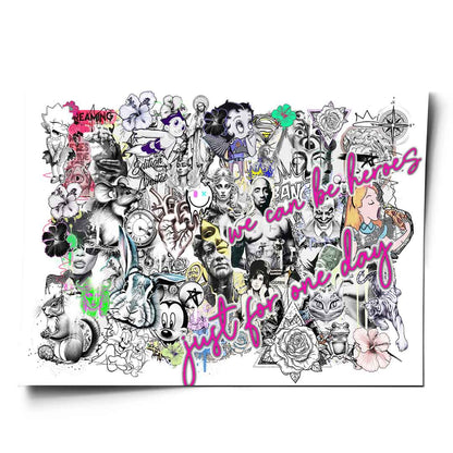 Dynamic grayscale Pop Art collage with neon pink, green, and yellow highlights featuring iconic characters and bold text.