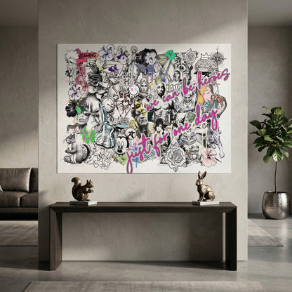 Betty Boop and Mickey Mouse silhouettes blended with modern graffiti elements in a dense, overlapping layout.
