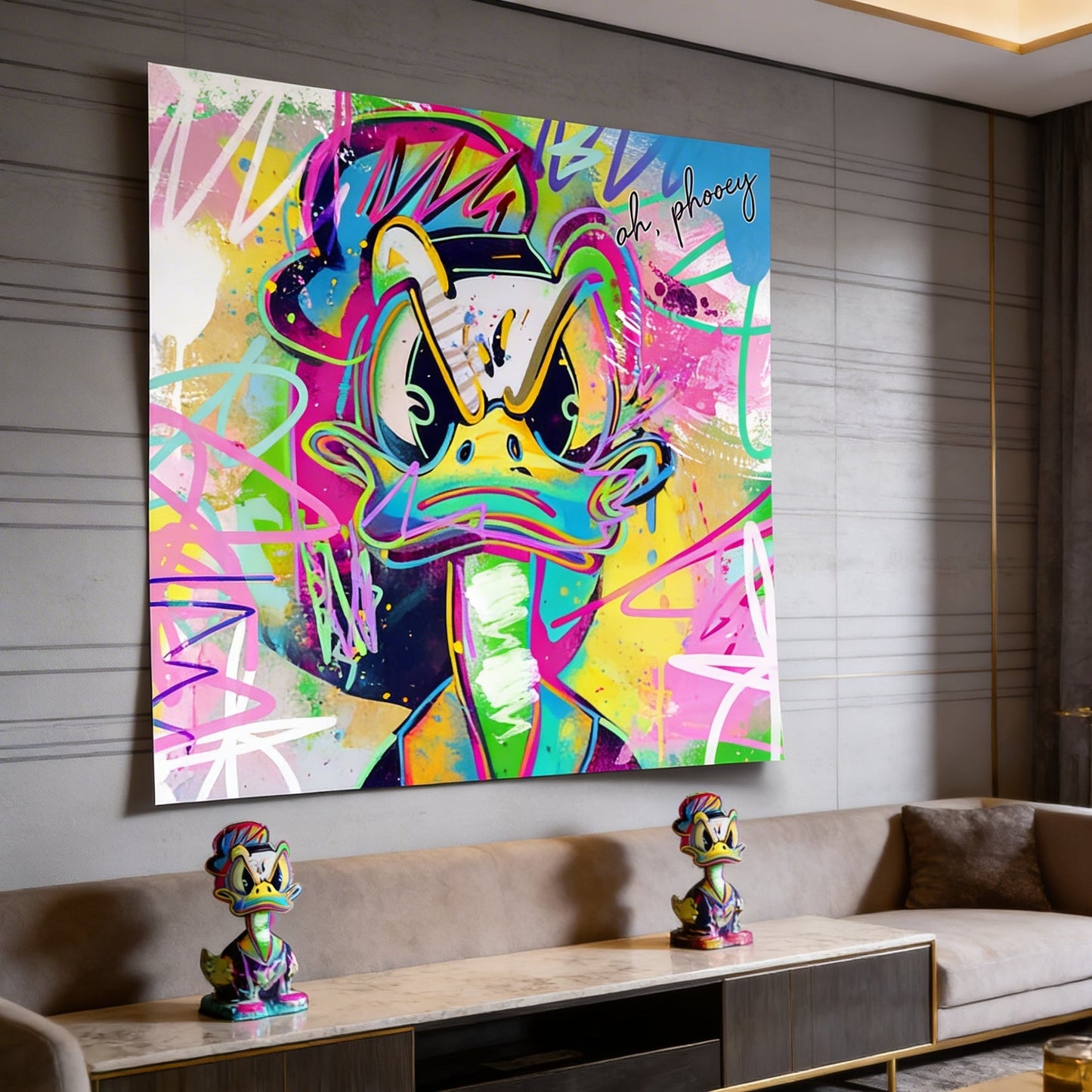 Close-up of Donald Duck's frustrated expression in bold pop art colors