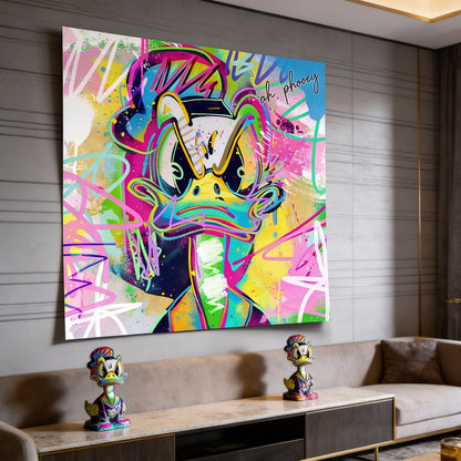 Close-up of Donald Duck's frustrated expression in bold pop art colors