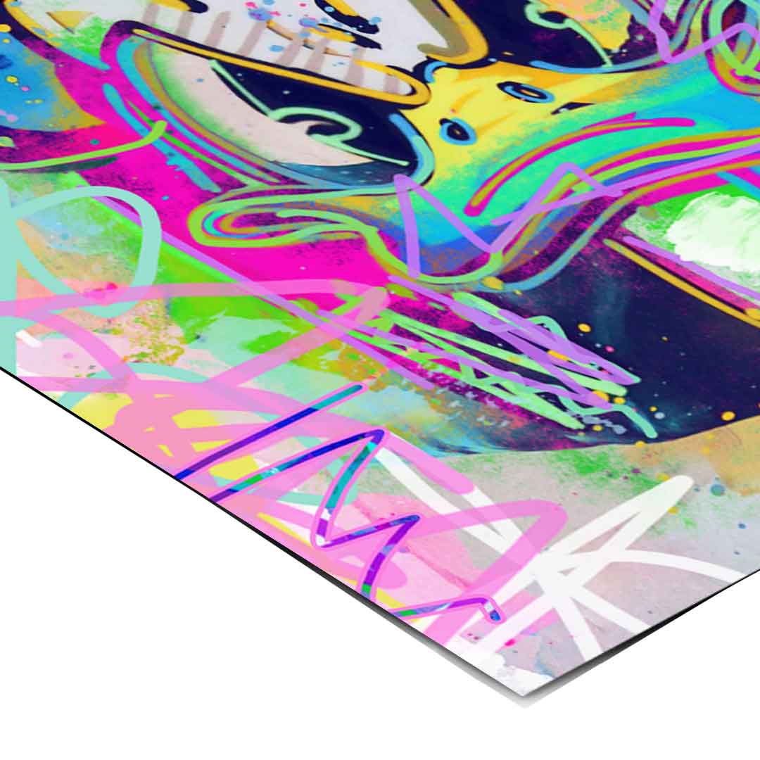 Urban graffiti-inspired wall art with a cartoon character and rebellious vibe
