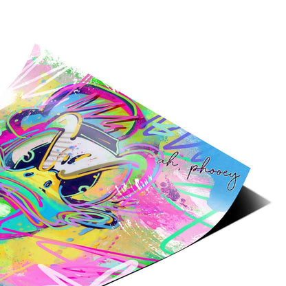 Dynamic neon pink, yellow, blue, and green splatters on a Pop Duck graffiti poster