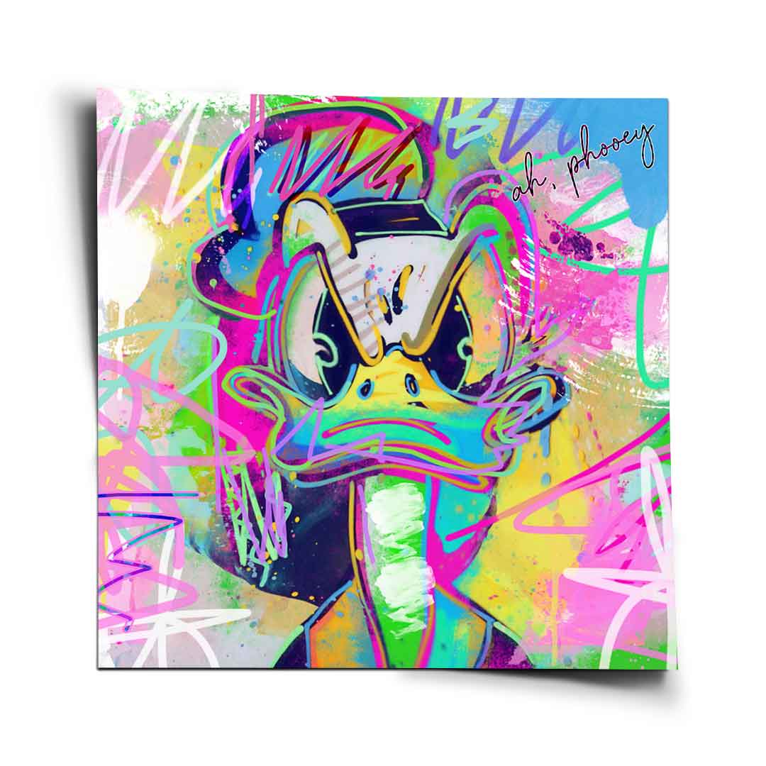 Pop Duck poster featuring graffiti-style Donald Duck with neon color splashes