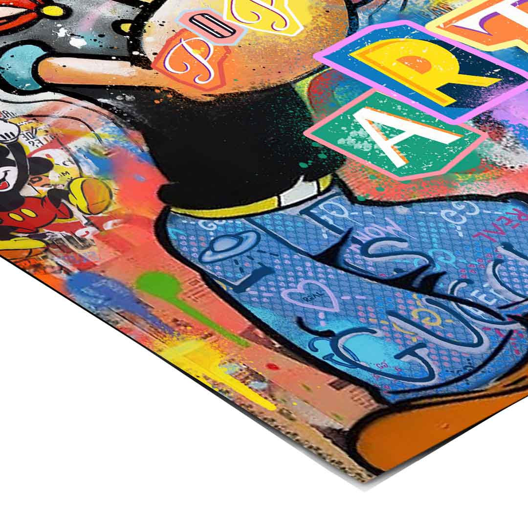 Charlie Chaplin silhouette within a vibrant red, blue, and yellow palette with thick outlines.
