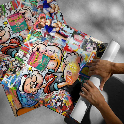 Eclectic contemporary wall art poster blending pop culture and street art textures.