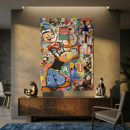 Mickey Mouse figure integrated into a neon Pop Art collage with comic influence.