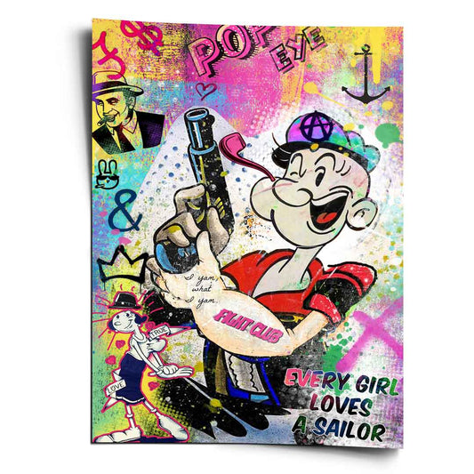 Popeye the Sailor Man grins while holding a spinach can, with a Fight Club tattoo on his arm and bold Popeye lettering.