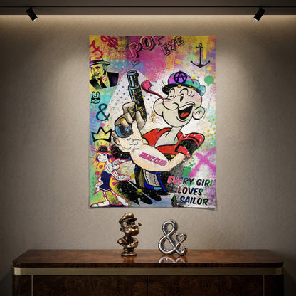 Olive Oyl dancing amid neon graffiti splashes within a pop art street collage.
