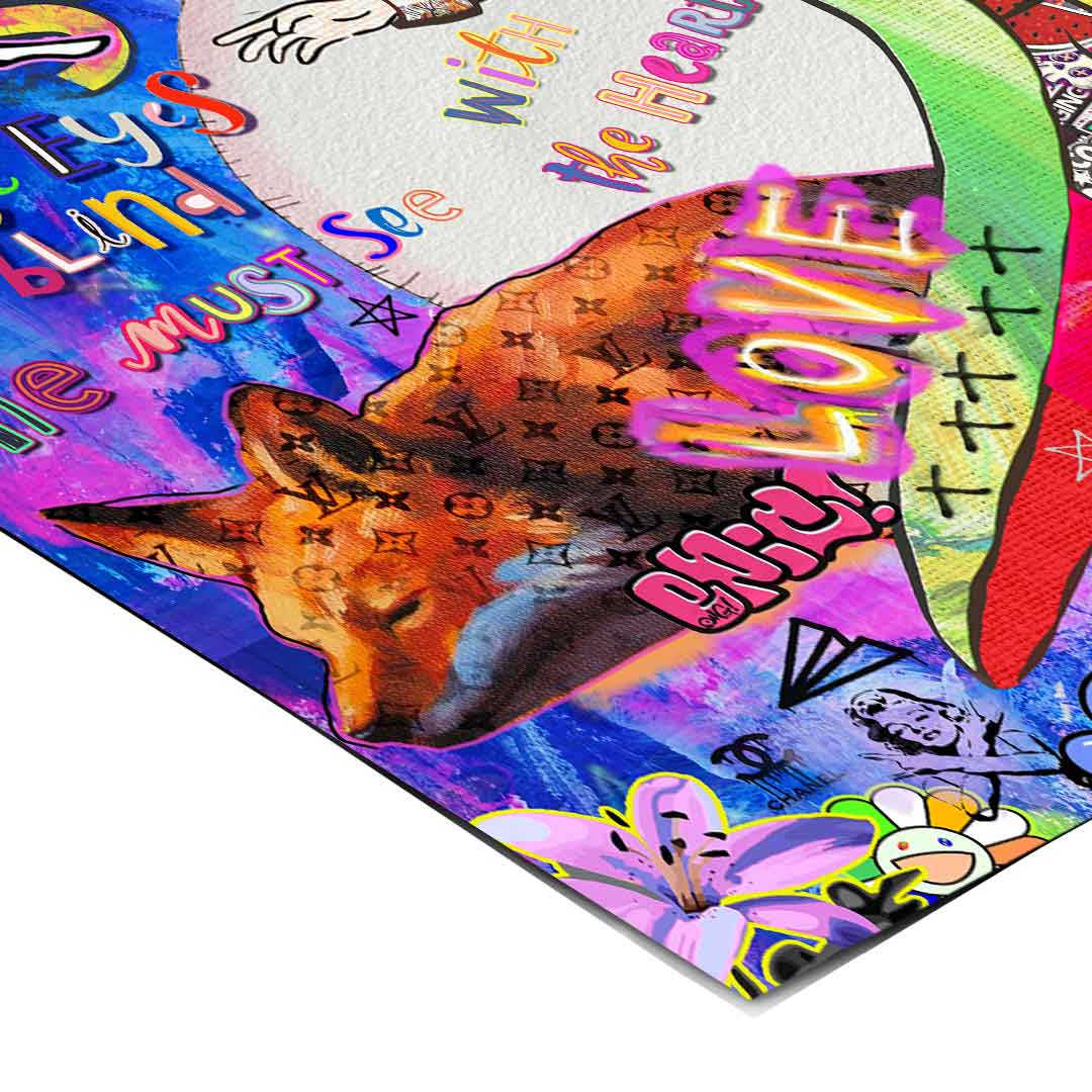 Central figure points outward amid vibrant street-art textures.