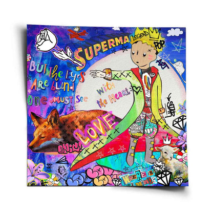 The Little Prince-inspired pop art poster: blond figure in a colorful cape, graffiti backdrop, monogrammed fox, a rose, and a lamb.