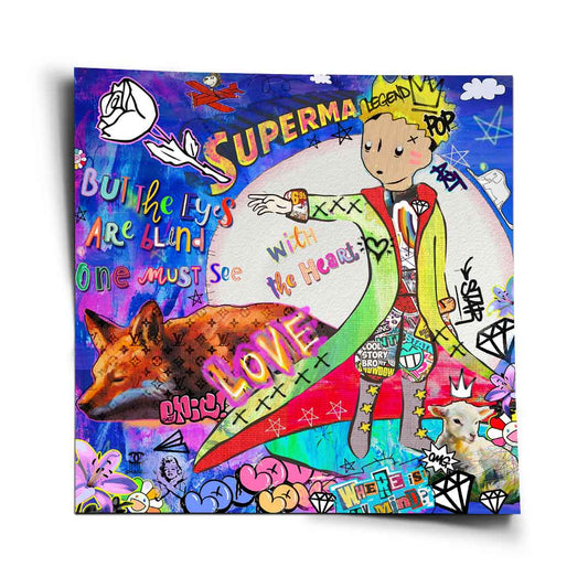 The Little Prince-inspired pop art poster: blond figure in a colorful cape, graffiti backdrop, monogrammed fox, a rose, and a lamb.